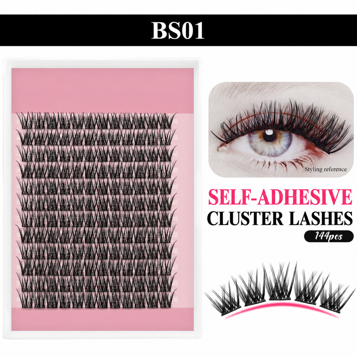 BS01 black self-adhesive cluster lashes in an unbranded tray, with a labeled styling reference