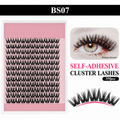 BS07 black self-adhesive cluster lashes in an unbranded tray, with a labeled styling reference