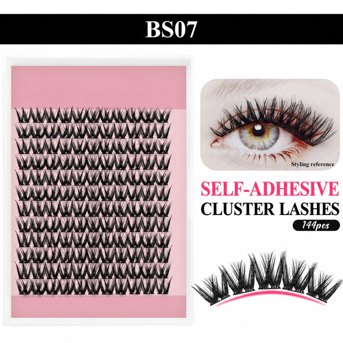 BS07 black self-adhesive cluster lashes in an unbranded tray, with a labeled styling reference