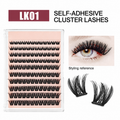LK01 black self-adhesive cluster lashes in an unbranded tray, with a labeled styling reference