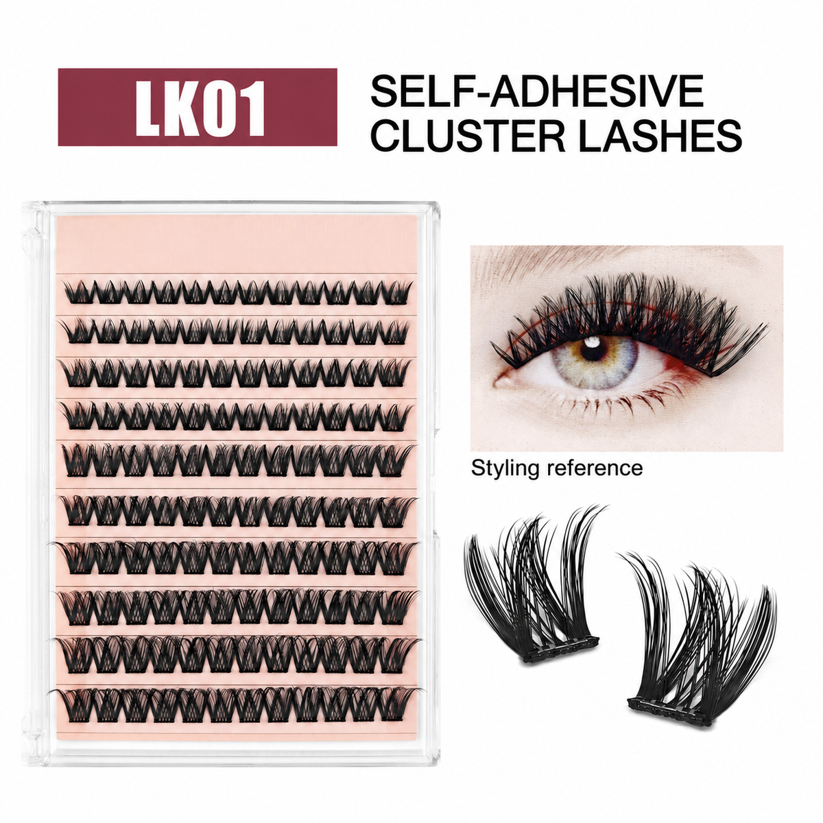 LK01 black self-adhesive cluster lashes in an unbranded tray, with a labeled styling reference