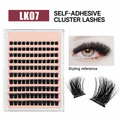 LK07 black self-adhesive cluster lashes in an unbranded tray, with a labeled styling reference
