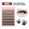 XP01 black self-adhesive cluster lashes in an unbranded tray, with a labeled styling reference