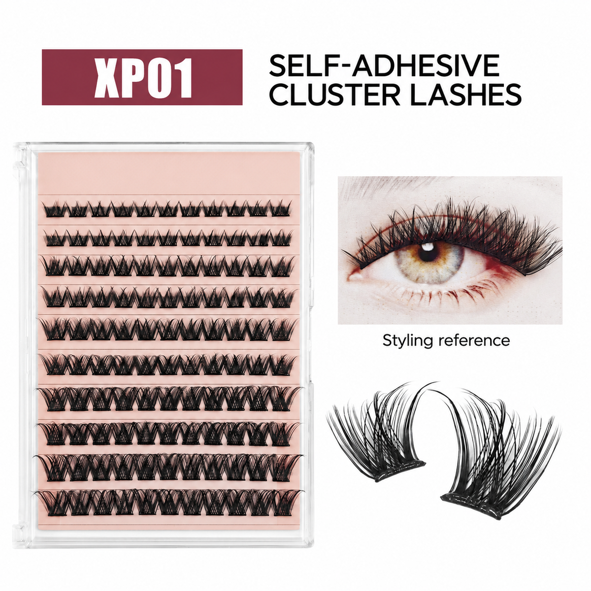 XP01 black self-adhesive cluster lashes in an unbranded tray, with a labeled styling reference