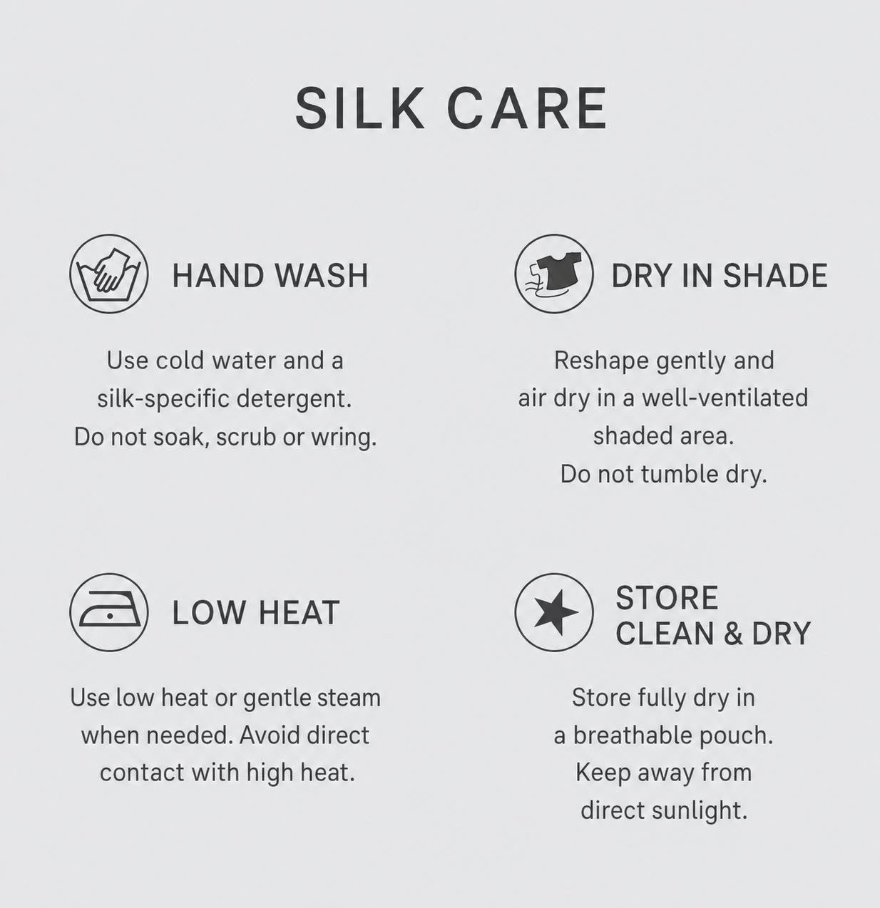 English silk care guide for hand washing shade drying low heat and dry storage