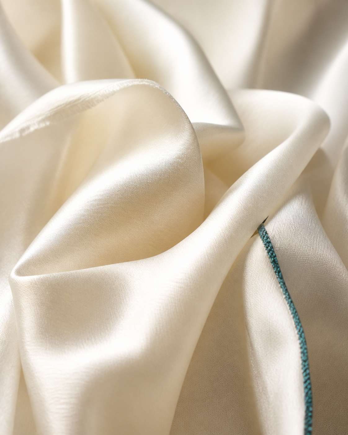 Ivory silk material study with a restrained teal stitched edge