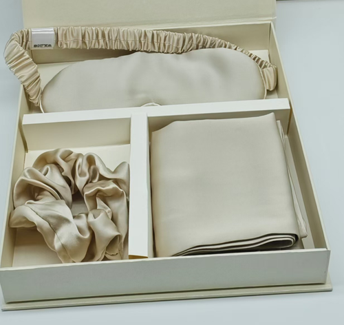 Champagne 19 momme mulberry silk gift set in presentation box