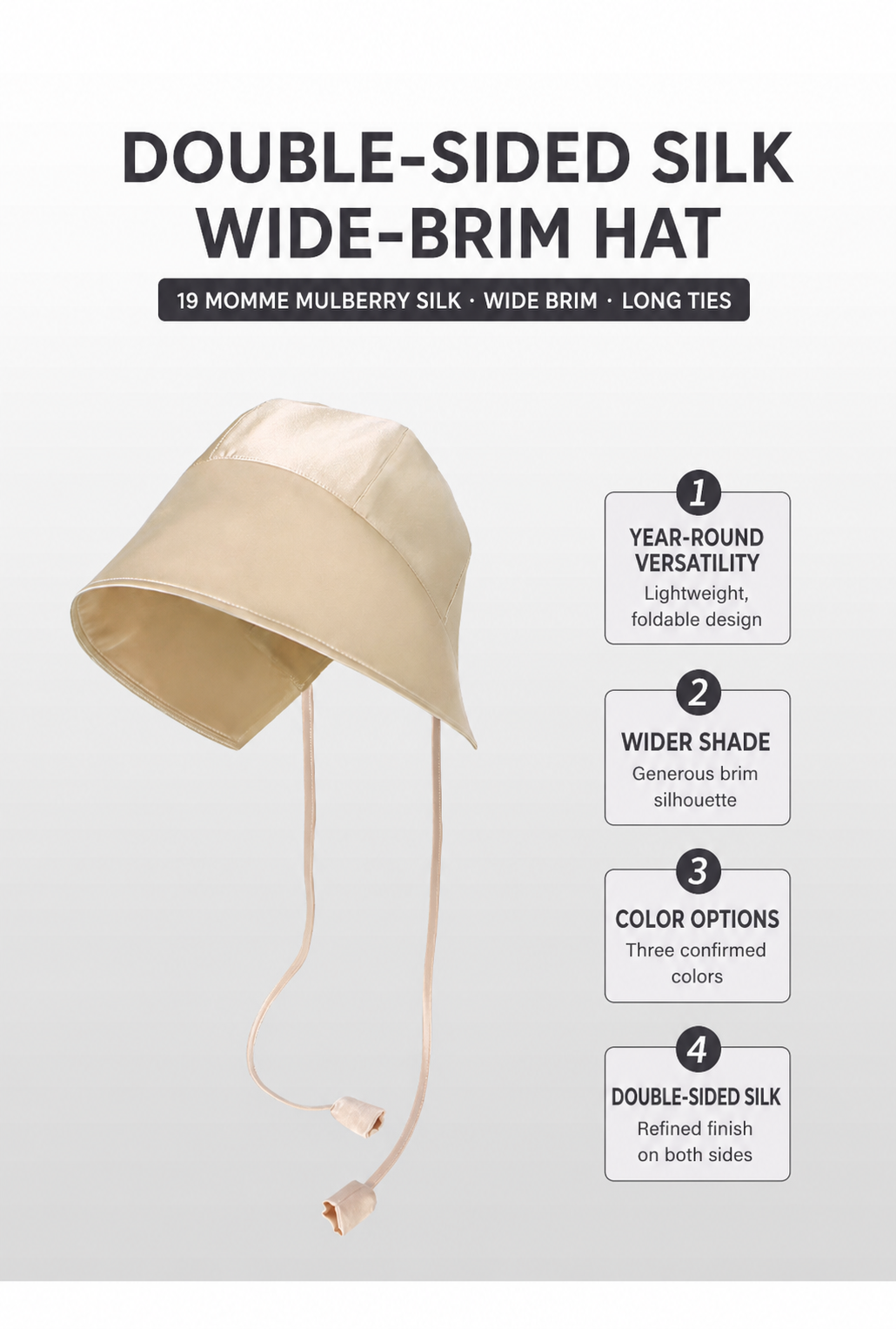 Champagne gold 19 momme mulberry silk long-tie wide-brim hat overview