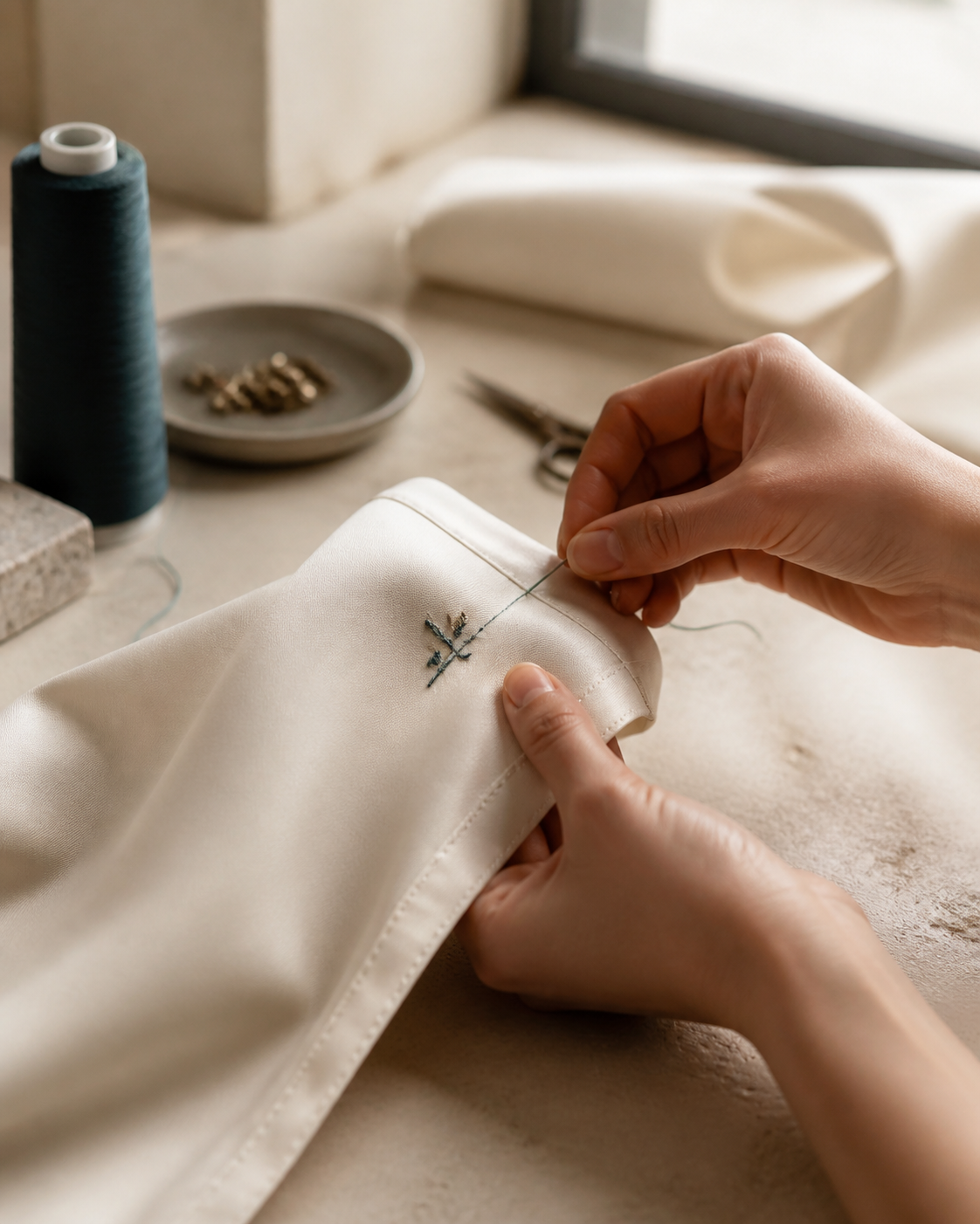 Hands finishing a small embroidery detail in a contemporary studio