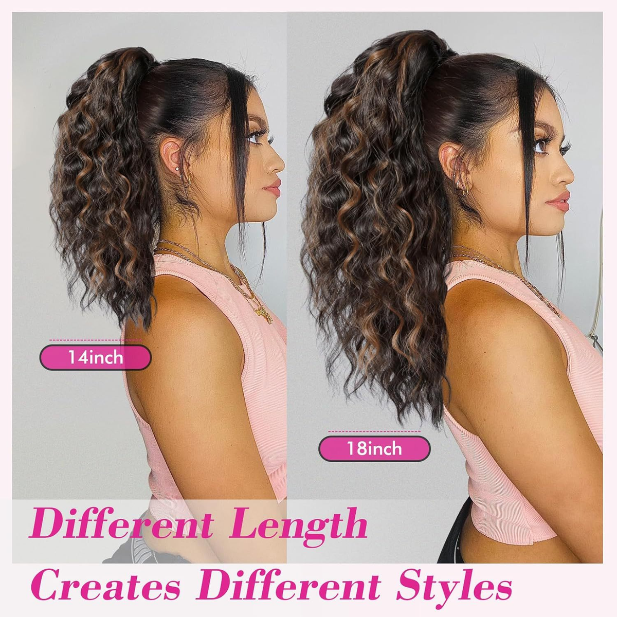 Wavy claw-clip ponytail styling examples in 14 and 18 inch lengths