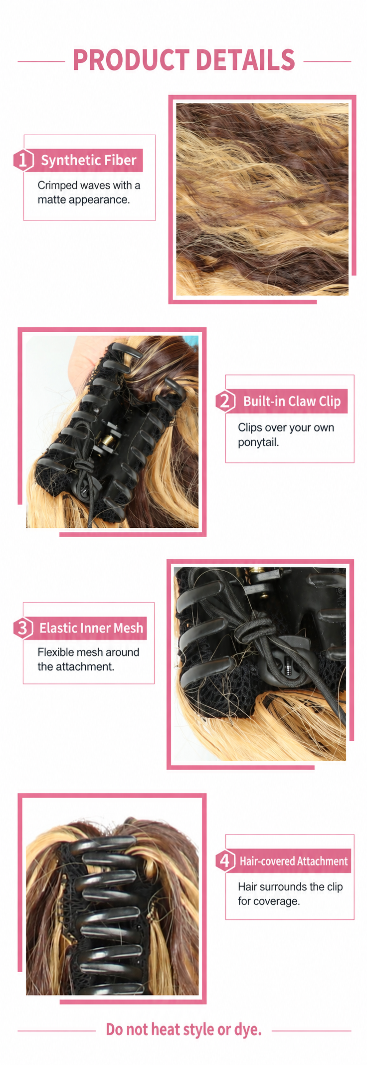 Synthetic fiber, claw clip, elastic mesh and hair-covered attachment details