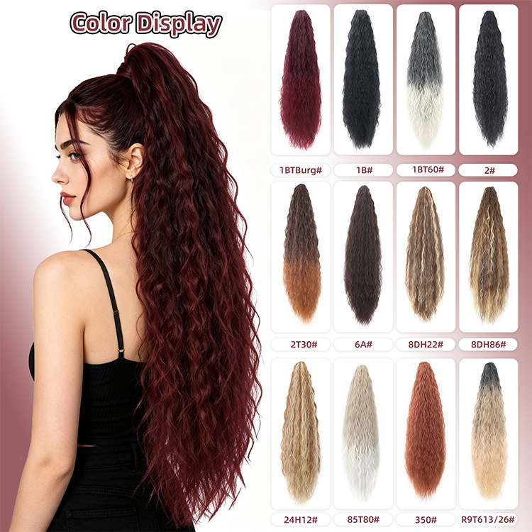 Long ponytail shade chart with dark, blonde, copper and ombre shades