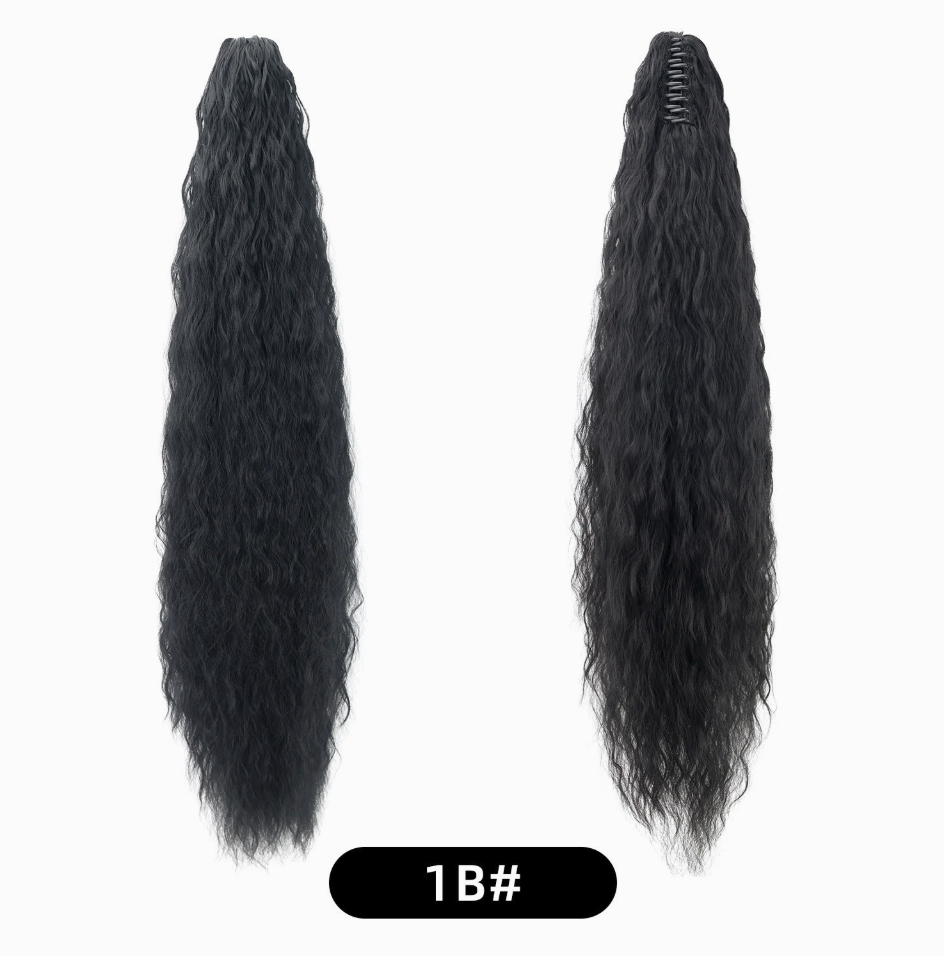 Natural Black (1B) synthetic claw-clip ponytail extension, front and back views, 30-inch 220 g version