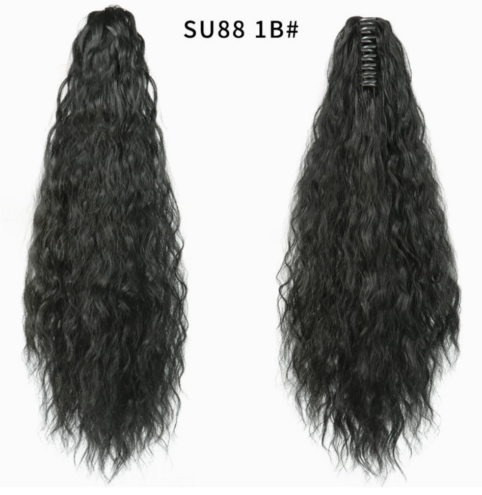 Natural Black (1B) synthetic claw-clip ponytail extension, front and back views