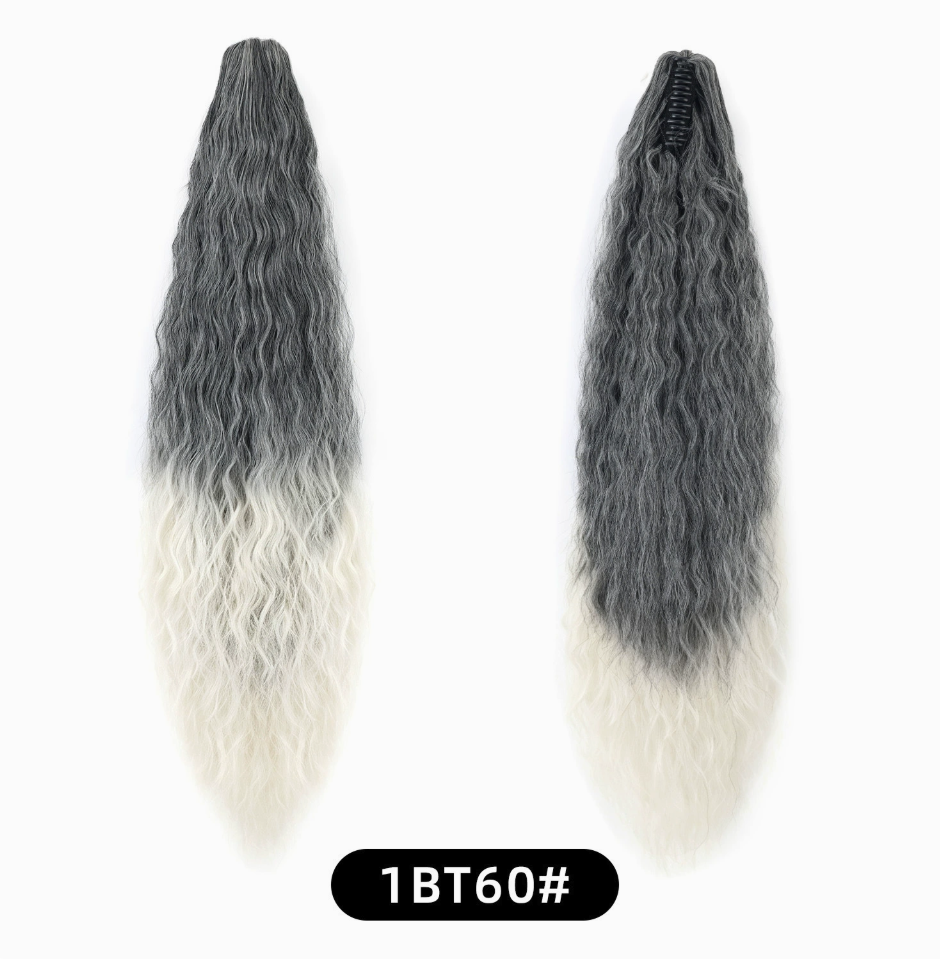 Black to Platinum Ombre (1BT60) synthetic claw-clip ponytail extension, front and back views, 30-inch 220 g version