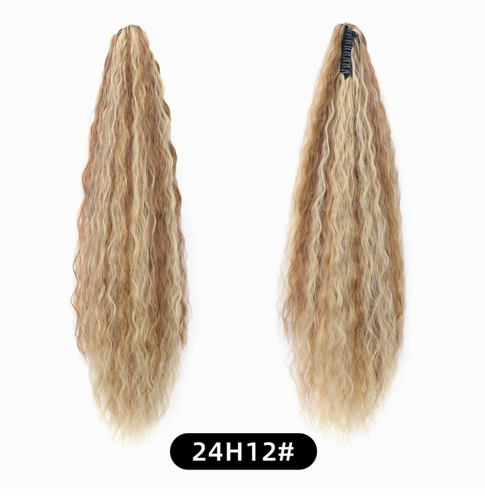 Beige Blonde Blend (24H12) synthetic claw-clip ponytail extension, front and back views, 30-inch 220 g version