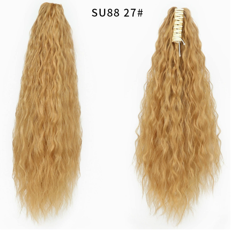 Honey Blonde (27) synthetic claw-clip ponytail extension, front and back views