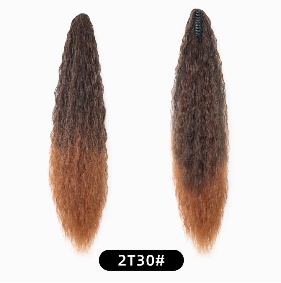 Brown to Auburn Ombre (2T30) synthetic claw-clip ponytail extension, front and back views, 30-inch 220 g version