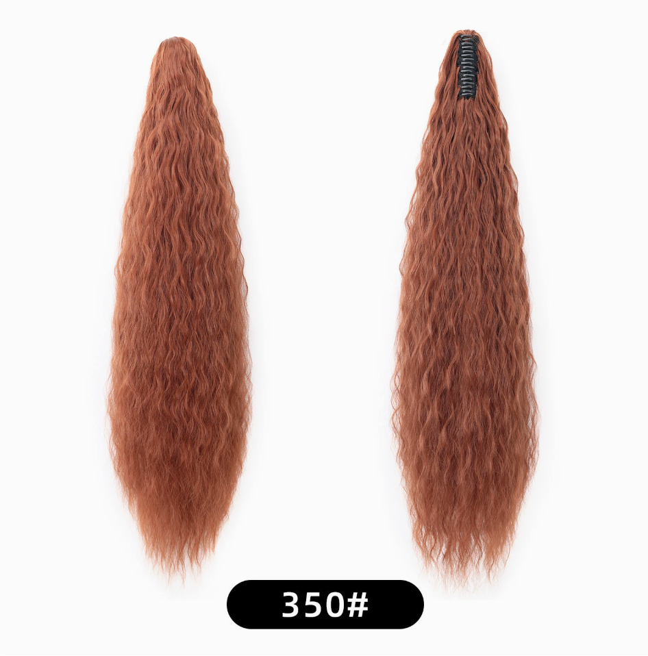 Auburn (350) synthetic claw-clip ponytail extension, front and back views, 30-inch 220 g version