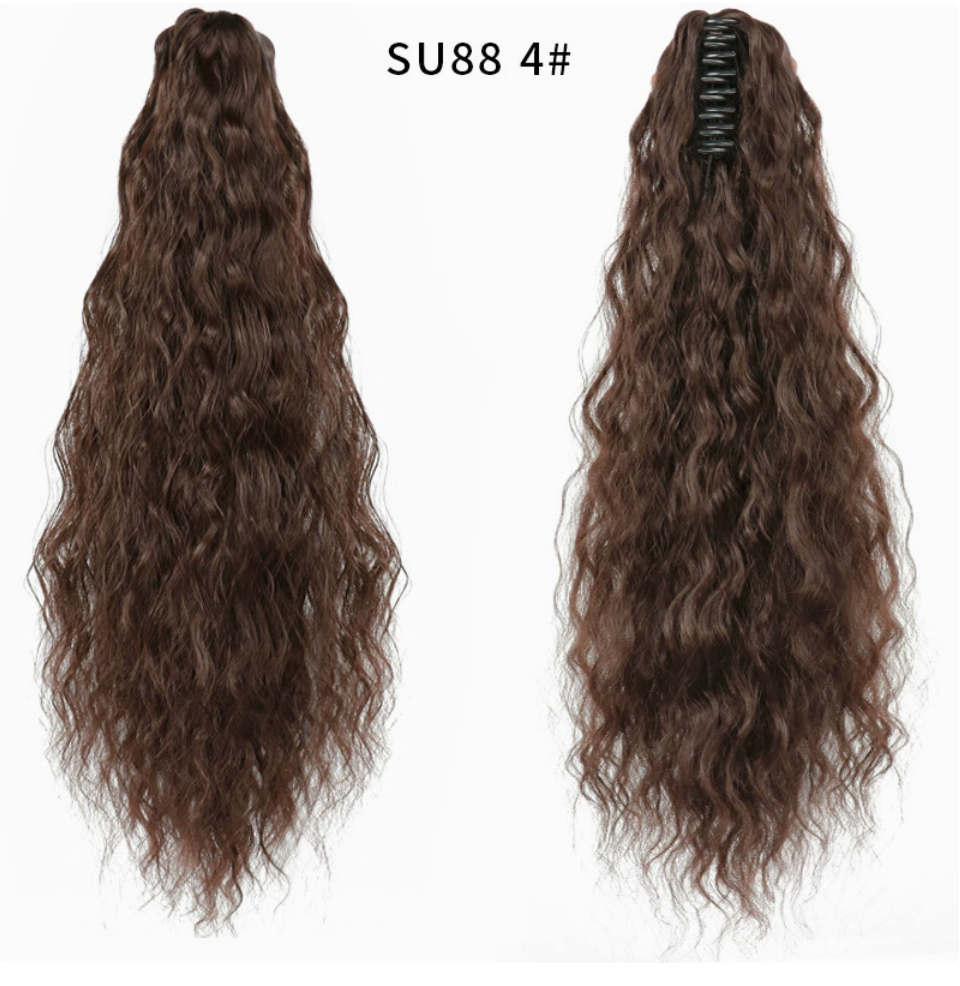 Medium Brown (4) synthetic claw-clip ponytail extension, front and back views