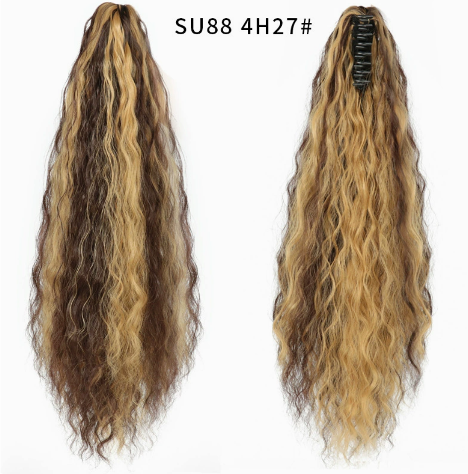 Brown with Honey Highlights (4H27) synthetic claw-clip ponytail extension, front and back views