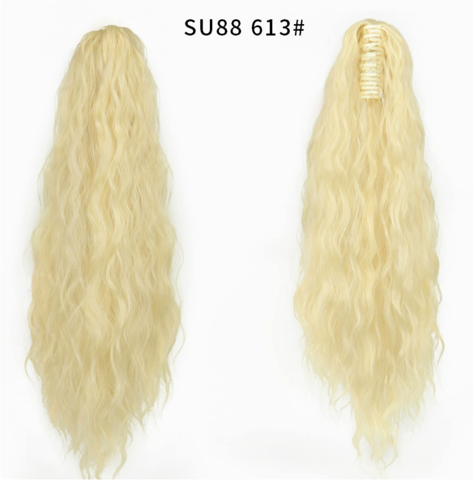 Light Blonde (613) synthetic claw-clip ponytail extension, front and back views
