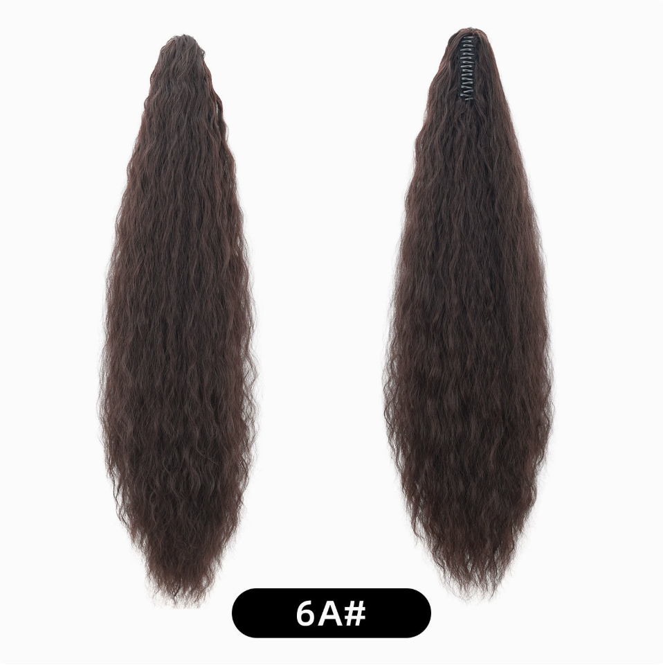 Deep Brown (6A) synthetic claw-clip ponytail extension, front and back views, 30-inch 220 g version