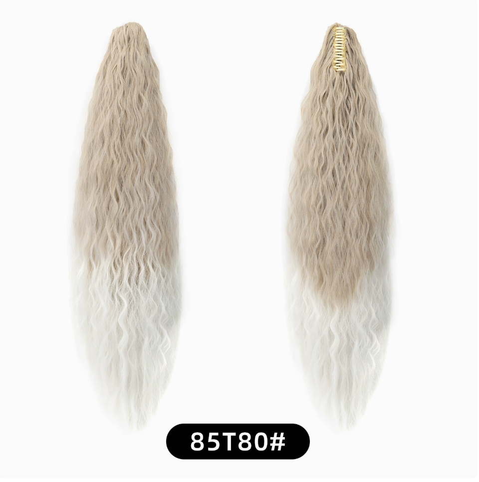 Light Ash Blonde (85T80) synthetic claw-clip ponytail extension, front and back views, 30-inch 220 g version