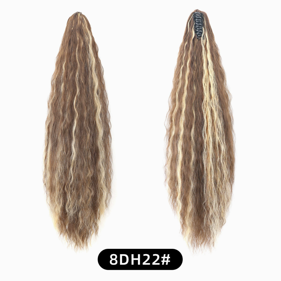 Brown with Blonde Highlights (8DH22) synthetic claw-clip ponytail extension, front and back views, 30-inch 220 g version