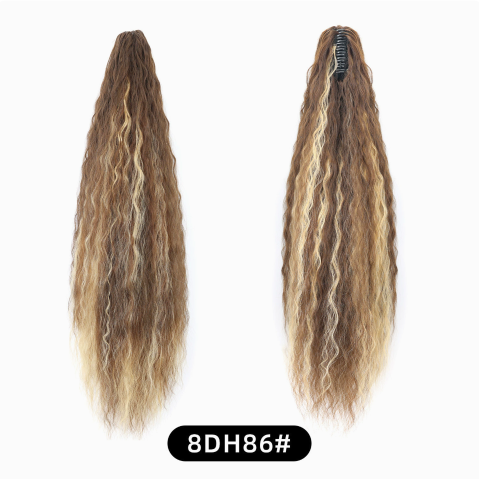 Brown with Golden Highlights (8DH86) synthetic claw-clip ponytail extension, front and back views, 30-inch 220 g version