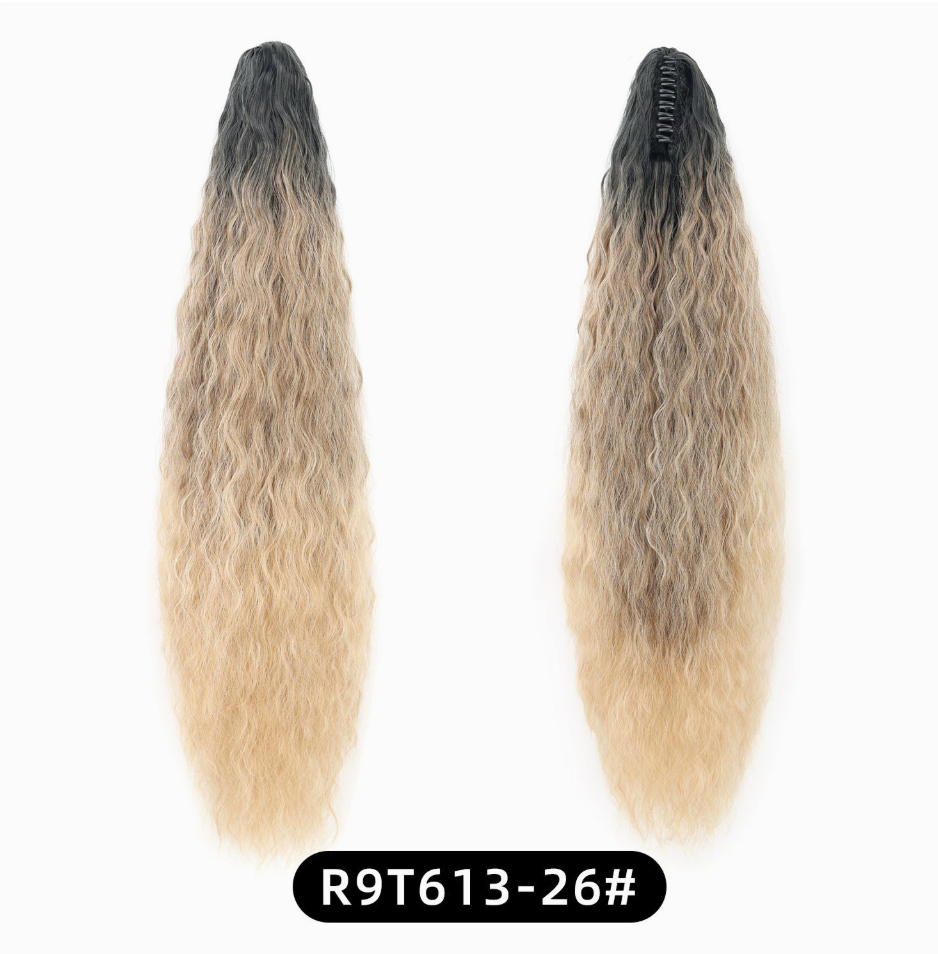Dark Root Blonde (9T613/26) synthetic claw-clip ponytail extension, front and back views, 30-inch 220 g version