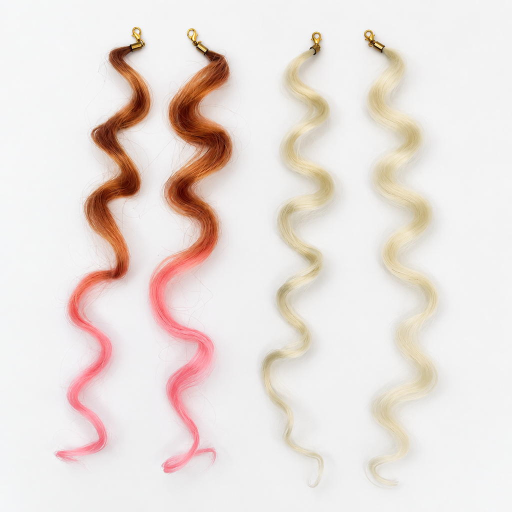 Two pairs of wavy synthetic hair charms, brown-to-pink ombre and light blonde, with gold-tone lobster clasps.
