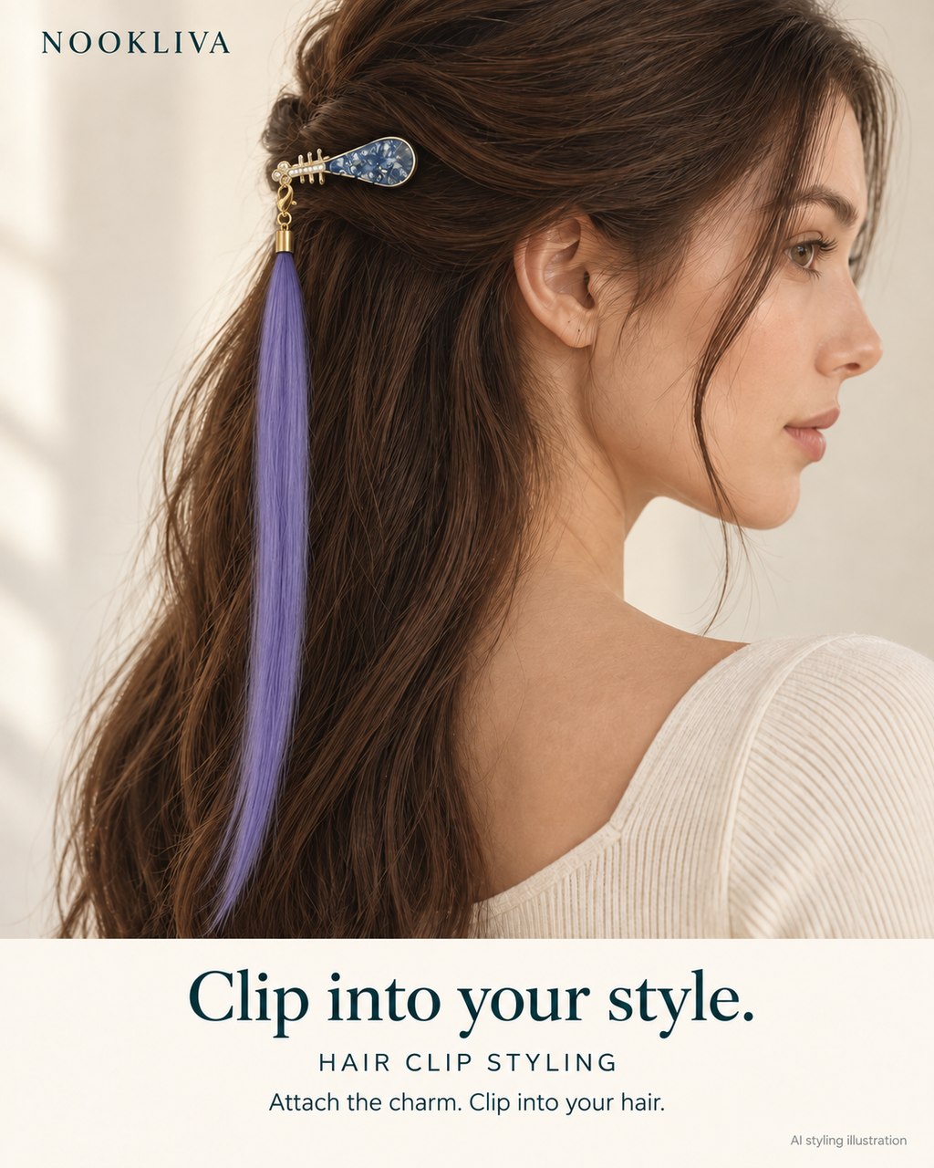 AI styling illustration of a purple straight synthetic hair charm attached to a pipa-shaped hair clip.