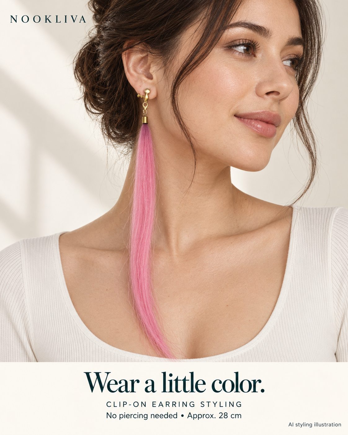 AI styling illustration of a model wearing a pink straight synthetic hair charm with a gold-tone clip-on earring.