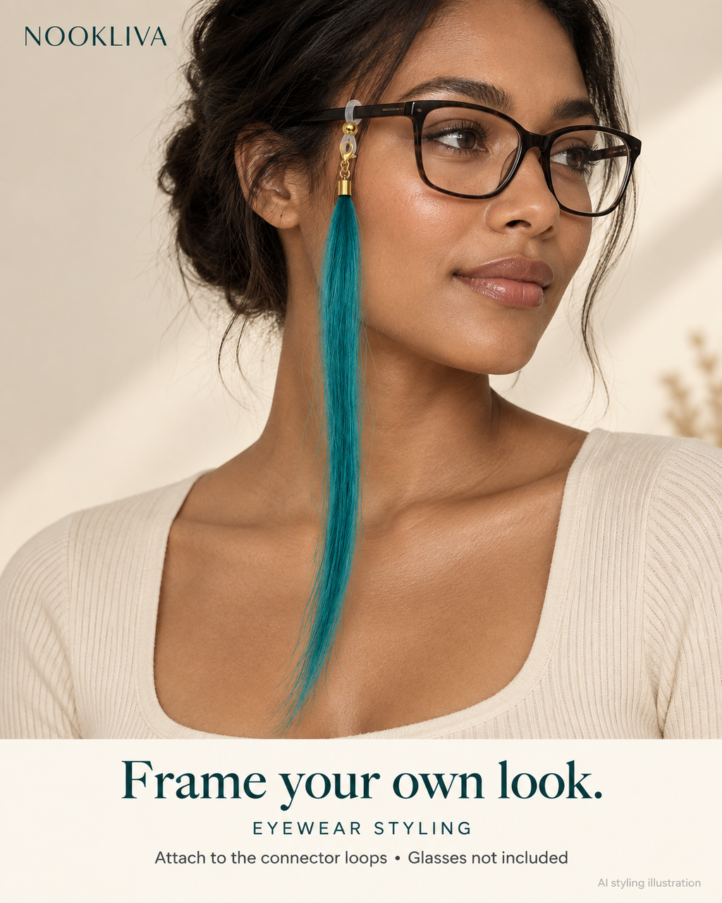AI styling illustration of a teal straight synthetic hair charm attached to an eyeglass temple with a silicone connector loop.