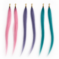 Three pairs of straight synthetic hair charms in pink, purple and teal with gold-tone lobster clasps.