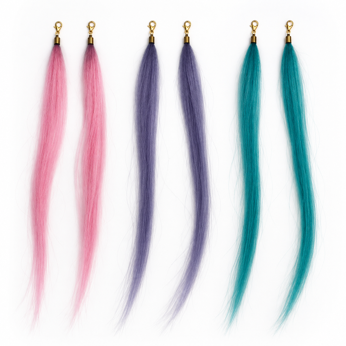 Three pairs of straight synthetic hair charms in pink, purple and teal with gold-tone lobster clasps.