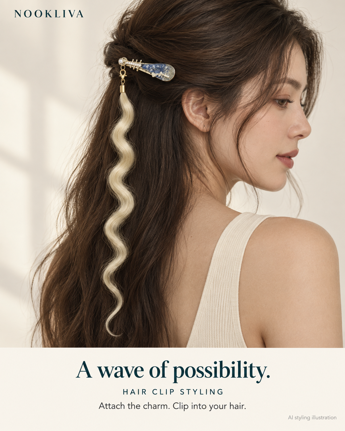 AI styling illustration of a light blonde wavy synthetic hair charm attached to a pipa-shaped hair clip.