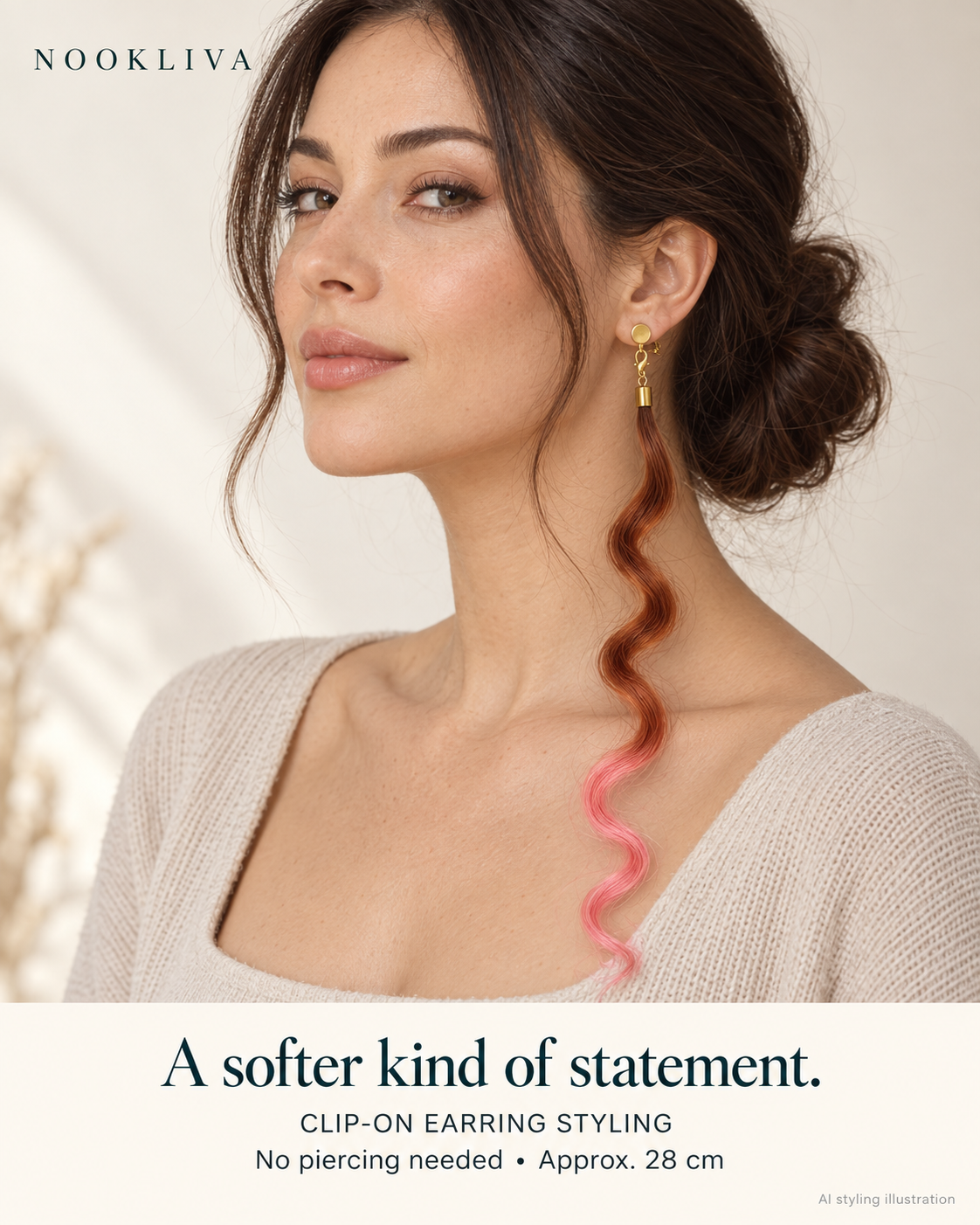 AI styling illustration of a model wearing a brown-to-pink wavy synthetic hair charm with a gold-tone clip-on earring.
