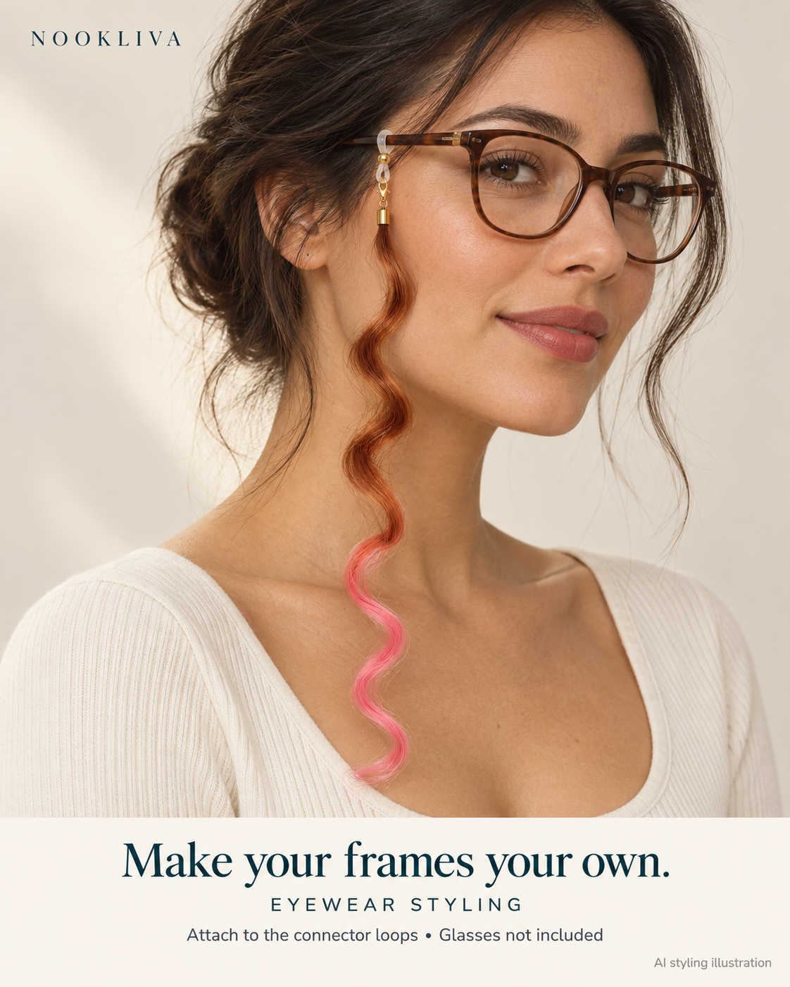 AI styling illustration of a brown-to-pink wavy synthetic hair charm attached to an eyeglass temple with a silicone connector loop.
