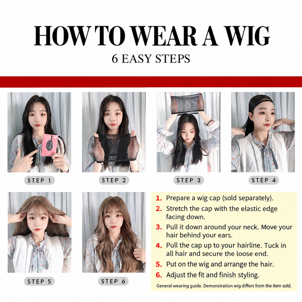 General six-step wig wearing guide in English, showing how to put on a separate wig cap and arrange a full wig; demonstration wig differs from the item sold