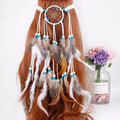 White woven-circle feather headband displayed on a mannequin with long beaded feather tassels