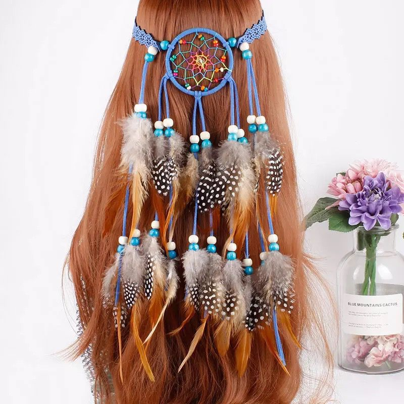 Blue woven-circle feather headband displayed on a mannequin with blue cords and feather tassels