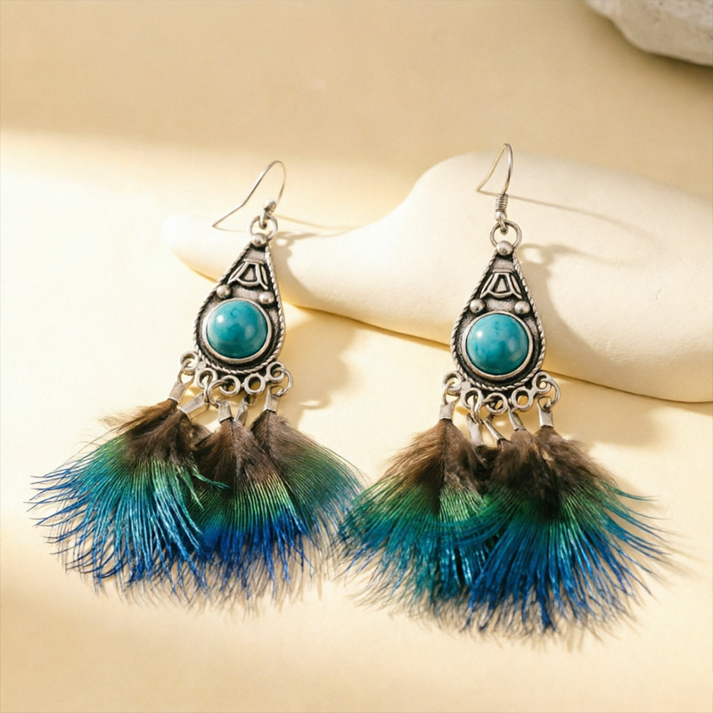 Pair of blue-green peacock feather earrings with turquoise-color accents, model YX0530-4