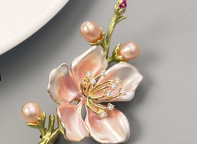 Freshwater Pearl Flower Brooch Pin – Enamel Floral Brooch in 5 Colors, Gold-Plated
