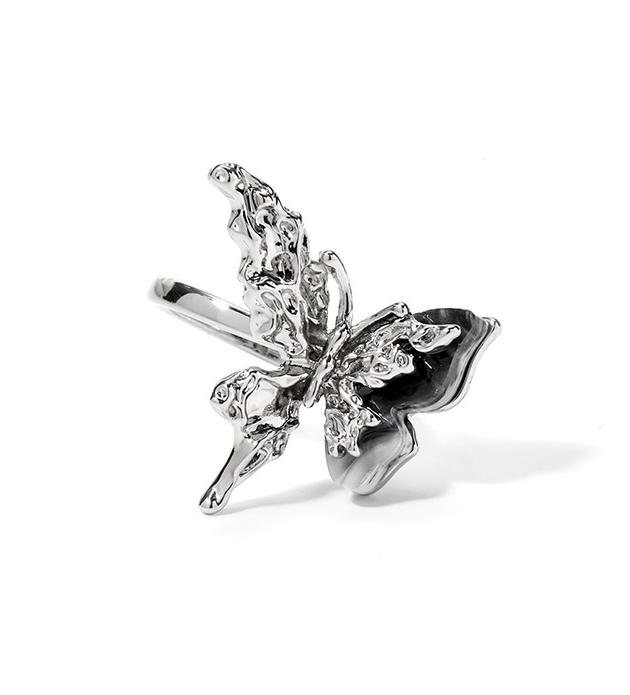 Ink-Wash Butterfly Ring – Sculptural Silver Adjustable Statement Ring