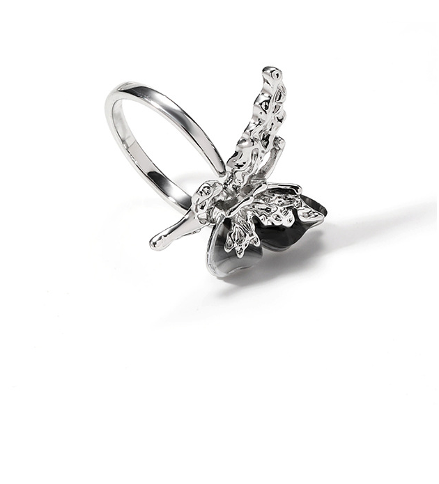 Ink-Wash Butterfly Ring – Sculptural Silver Adjustable Statement Ring