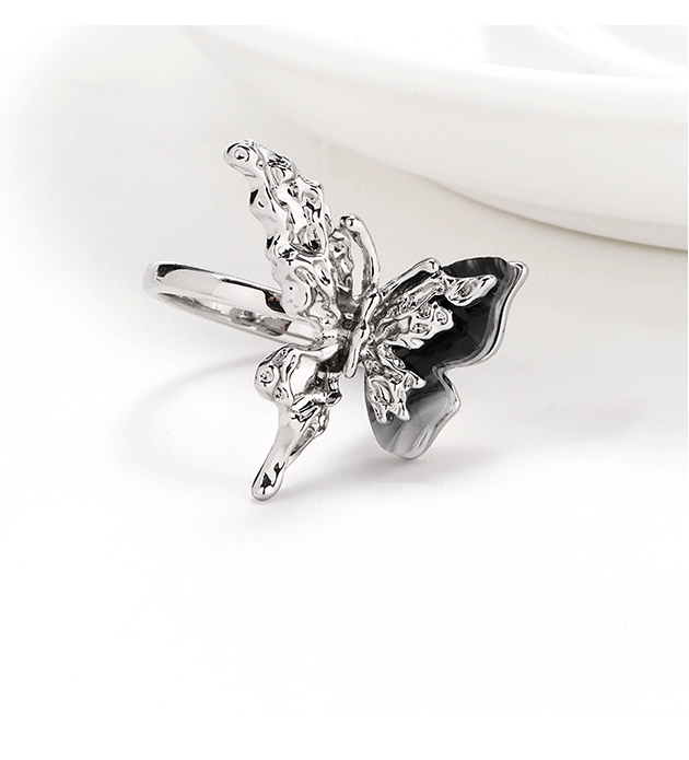 Ink-Wash Butterfly Ring – Sculptural Silver Adjustable Statement Ring