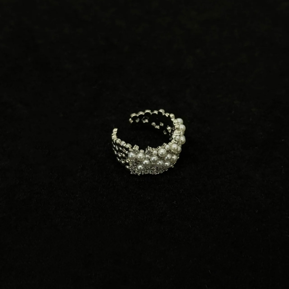 Pearl Cluster Ring – Adjustable Open Band Ring with Zirconia, Silver