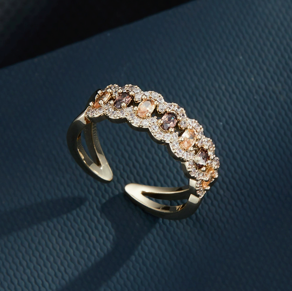 Champagne Zirconia Open Ring – Gradient Crystal Band Ring, Coffee Gold